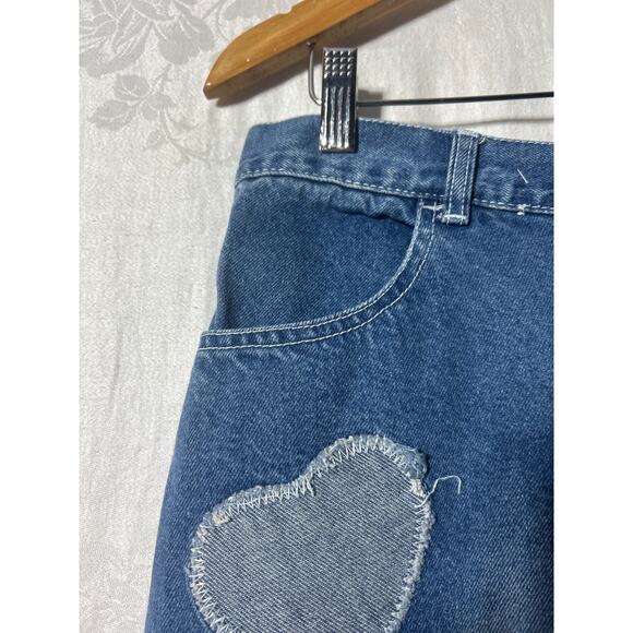 Vintage Jean Skirt 9 10 Patchwork Hearts Pencil Knee Length Distressed Juke Box - Picture 3 of 14